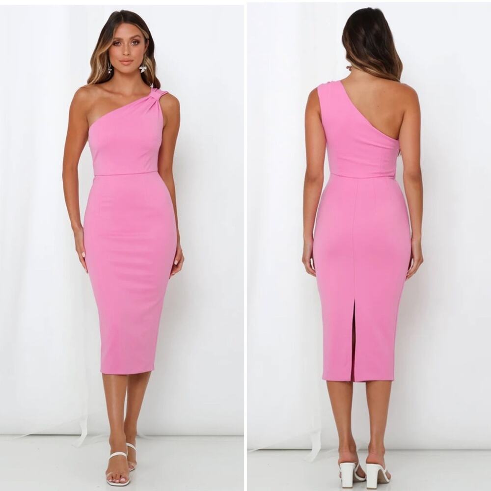 Hello Molly One-Shoulder Midi Dress in Pink